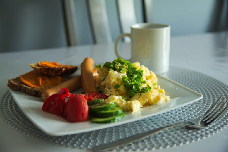 plate with eggs and strawberries